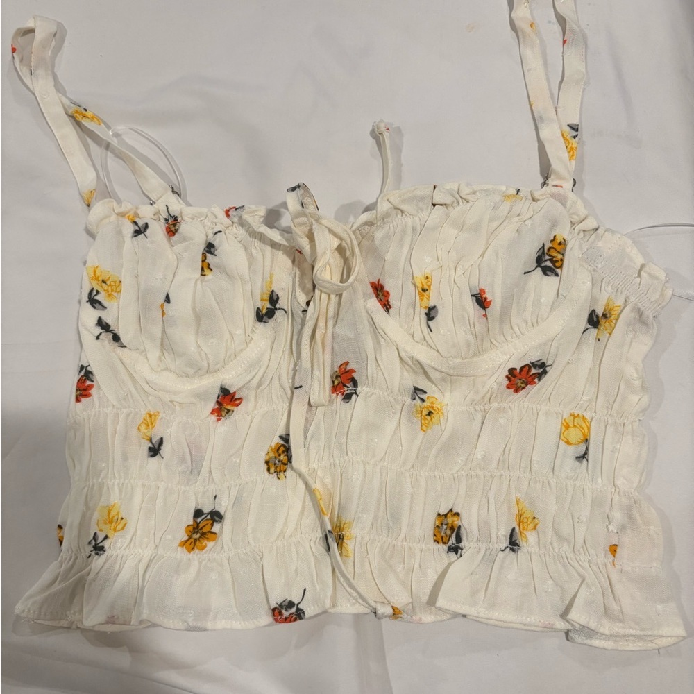 Floral White Crop Top with Yellow and Red Accents